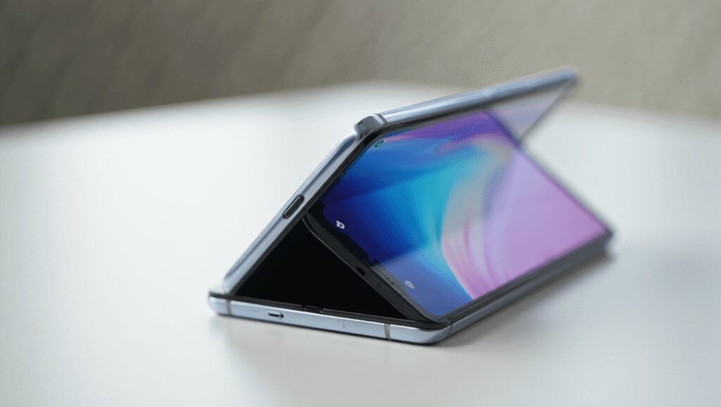 A leaked render of the supposed Samsung Galaxy Z Fold 8 Wide in a black colorway, showing its wider cover and inner displays and a dual camera array.