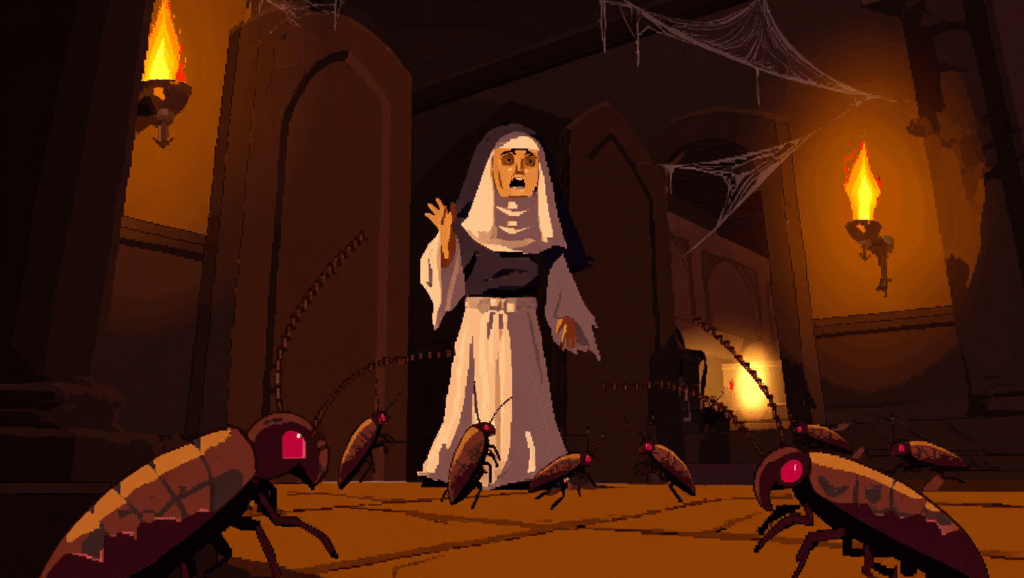 Metamorphosis image of pixel art nun character looking at camera with purple background