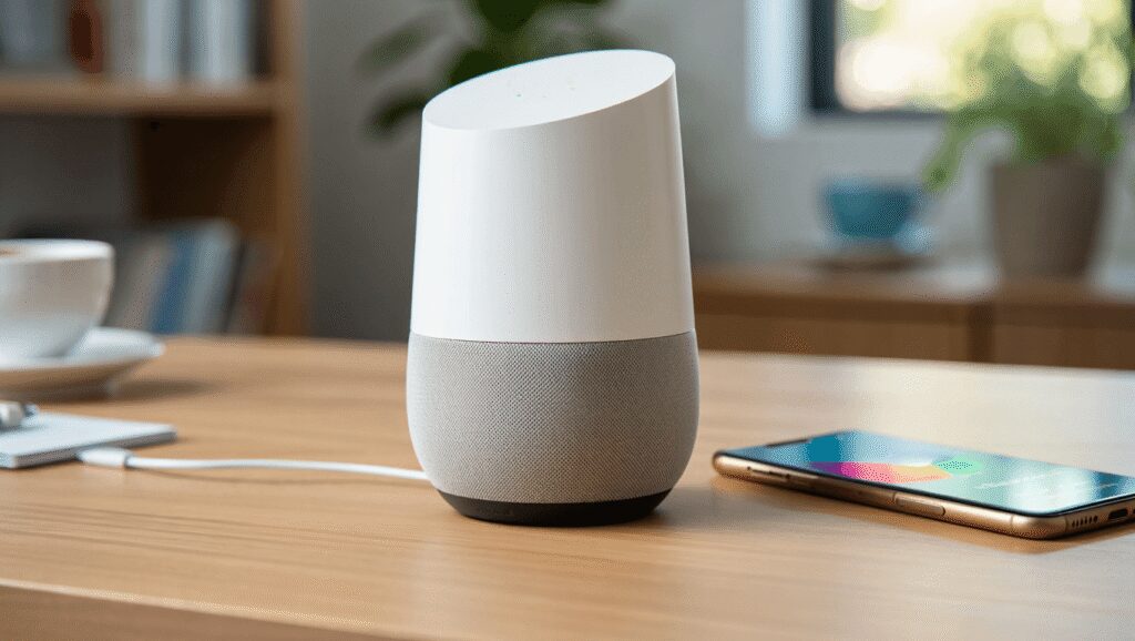 Google Home Speaker next to a vase and plant