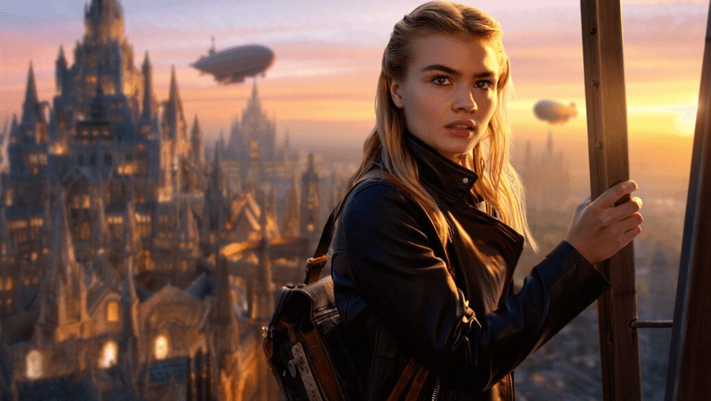 A flying city drifts over a frozen landscape, its floating streets dusted by snowfall.