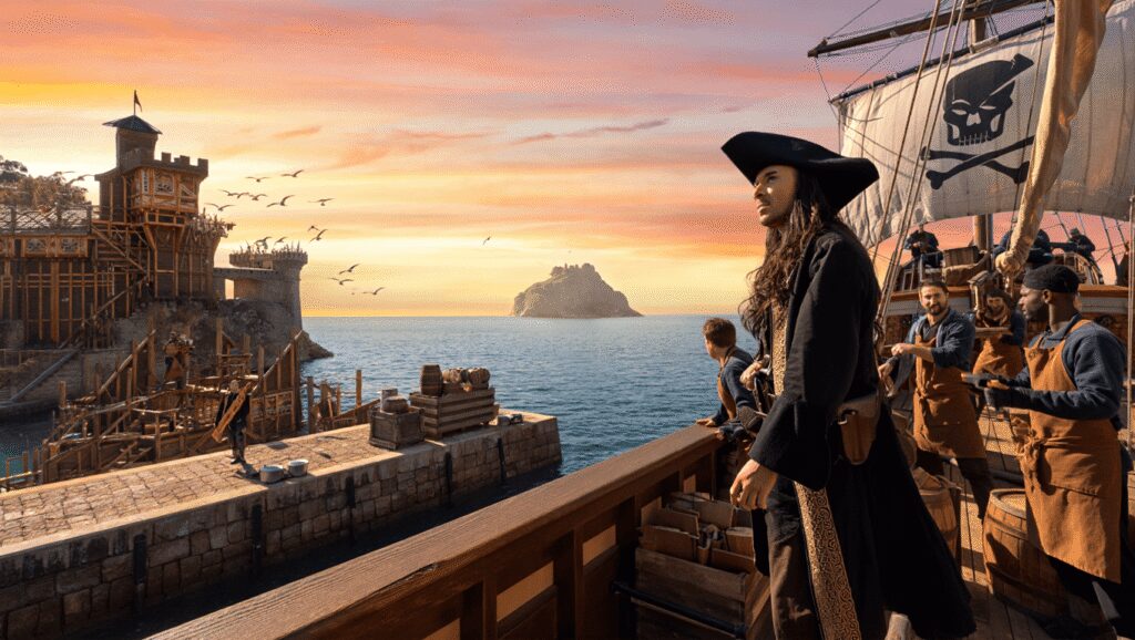 A pirate ship docked at a pirate hideout
