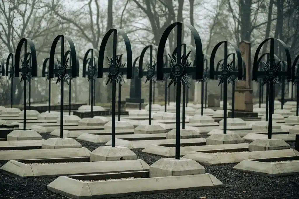 Silhouette d'une personne dans un cimetière médiéval au crépuscule, parmi les pierres tombales et les croix.