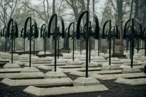 Silhouette d'une personne dans un cimetière médiéval au crépuscule, parmi les pierres tombales et les croix.