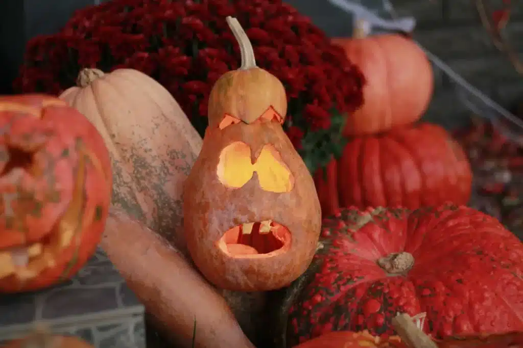 Enceinte connectée décorée avec une coque à thème Halloween, entourée de citrouilles et de feuillages d'automne