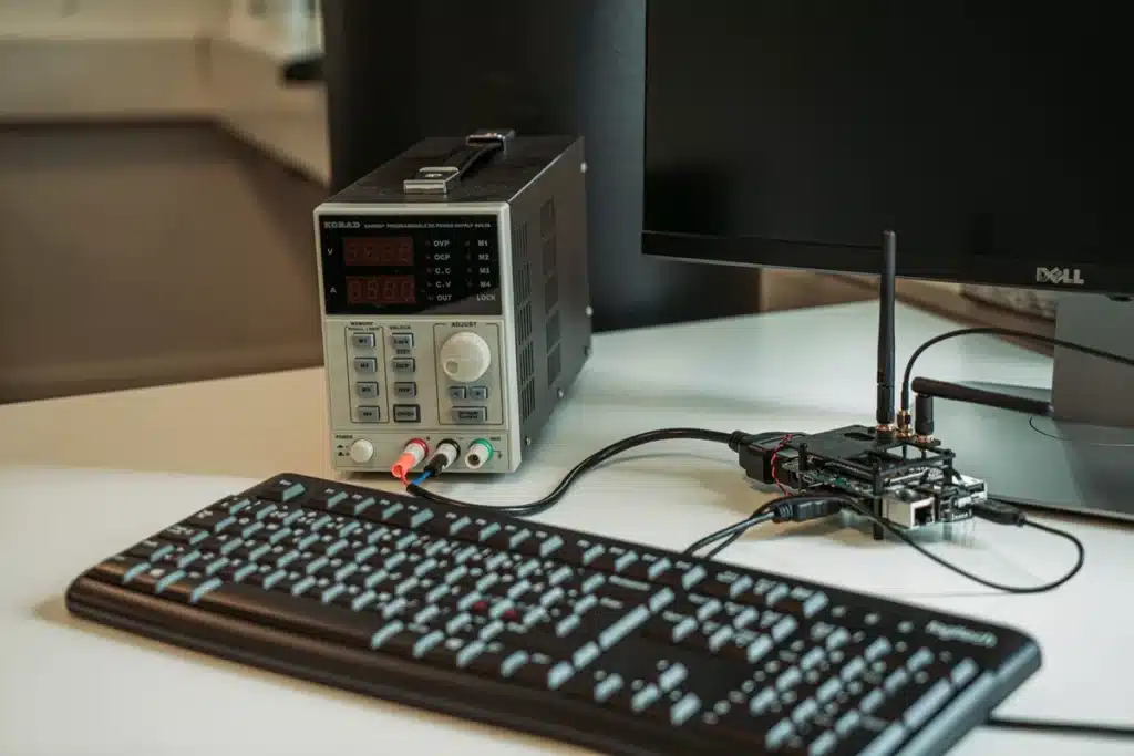 Ordinateur portable et écran de bureau affichant du code et des processus d'IA dans un espace de travail technique