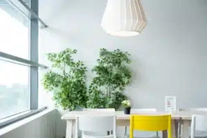 Salon lumineux avec cartons ouverts et petits objets étalés, mains rangeant des trouvailles