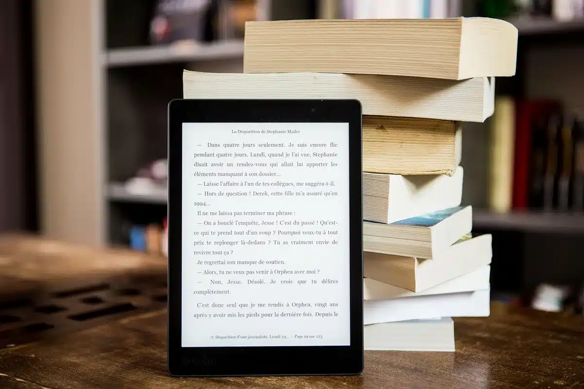 Écran affichant une application d'emprunt de livres numériques en bibliothèque