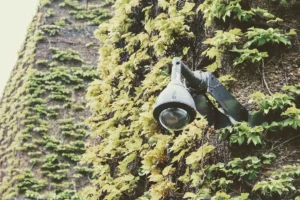 Caméra de surveillance sans fil installée sur une façade résidentielle avec éclairage d'allée