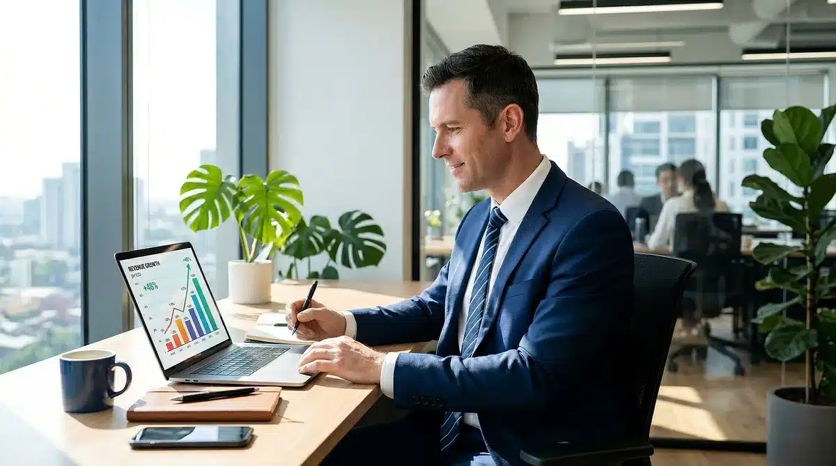 Espace de travail professionnel avec plusieurs écrans et outils de collaboration