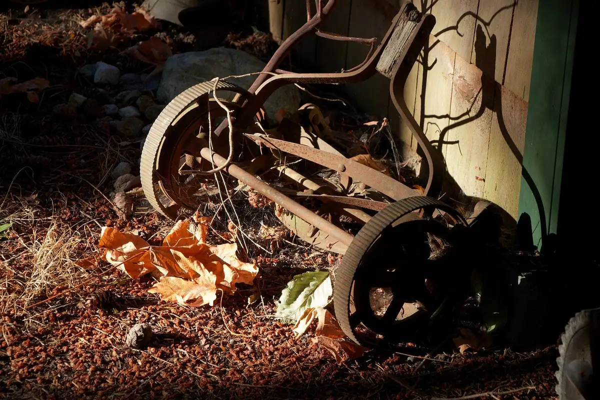 bright exterior scene of an unbranded robot mower on a small suburban lawn